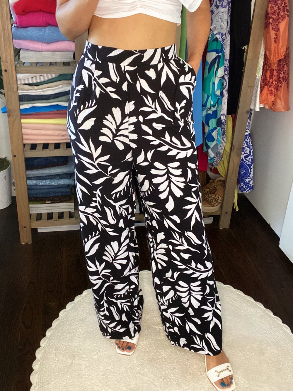 ELLEN TRACY High-Waist Wide Leg Linen Blend Pants in Black & White Leafscape! 🖤